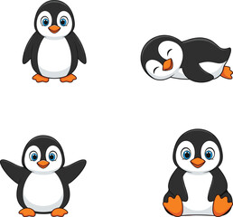 Cartoon penguin set vector — cute black-and-white penguins in playful poses with expressive eyes, for children’s prints and winter-themed illustrations