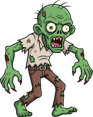 Cartoon zombie character vector illustration, creepy green undead with torn clothes and sharp nails for Halloween, horror games, and spooky merchandise
