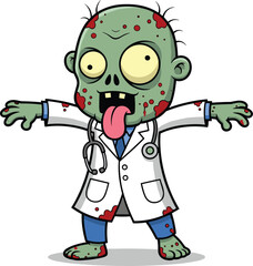 Cartoon zombie doctor vector illustration, creepy green undead with lab coat, stethoscope, and blood stains for Halloween and horror-themed designs