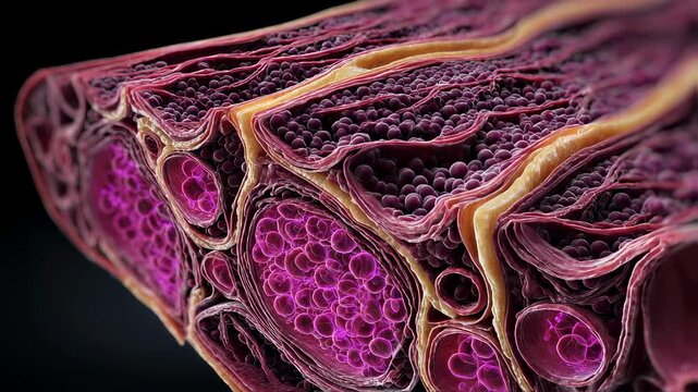Crosssectional medical animation showing tissue layers thickened by glycosaminoglycans with violet glow indicating organ involvement.