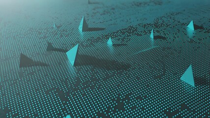 Abstract geometric digital art with teal pyramids on a dotted grid image
