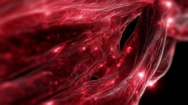Medical 3D render of skeletal muscles under strain pulsating with bright red signals indicating electrolyte deficiency and heat cramp symptoms.