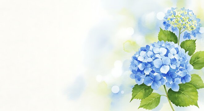 Softly blended watercolor background featuring delicate blue hydrangea blossoms and green leaves