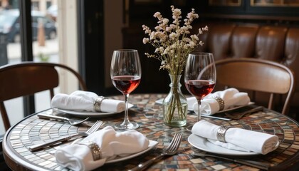 Luxurious restaurant table setting with floral decorations, elegant plates, wine glasses and napkins for a romantic dinner.