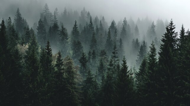 Misty evergreen forest with tall trees shrouded in fog