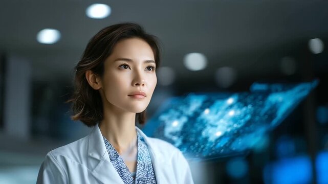 In a high-tech medical workspace, a side profile of an Asian female doctor engages with AI-driven healthcare data projected as a hologram, showcasing her focus and precision in lev