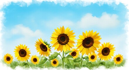 Obraz premium Vibrant watercolor painting of a field of sunflowers under a bright blue sky with fluffy white clouds