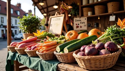 Colorful Farmer's Market Vegetable Display in Rustic Style with Natural Tones – Fresh Organic Produce for Autumn Sale