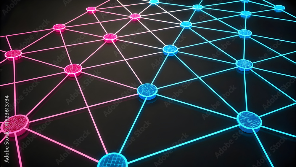 Wall mural close-up of a geometric network grid with pink and cyan glowing nodes technology background new late