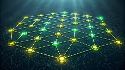 Obraz premium Hexagonal Network Grid with Yellow and Green Glowing Nodes on a Dark Textured technology new latest web ai background futuristic hud cyber security neural network data tech 2025 2026 ai background