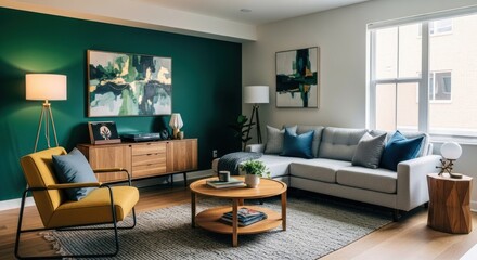 Modern living room with teal accent wall
