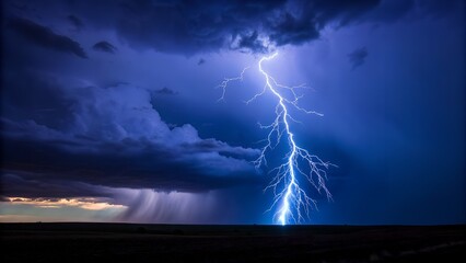 A dramatic lightning strike illuminates the dark stormy sky with electric blue brilliance photo.