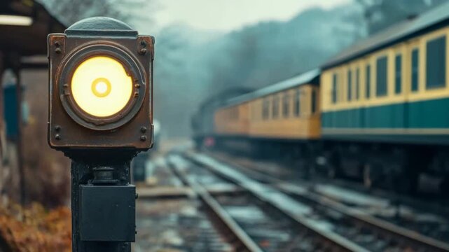 A vintage train signal light stands in focus, with a blurred yellow and blue train passing in the background. The scene is set in a misty, rural environment.