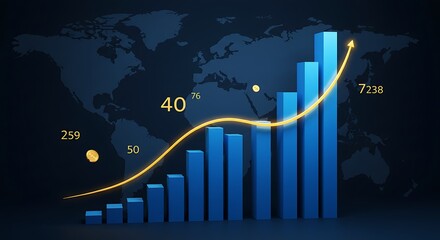 Blue bar chart with rising yellow trend line showing global financial growth and economic progress