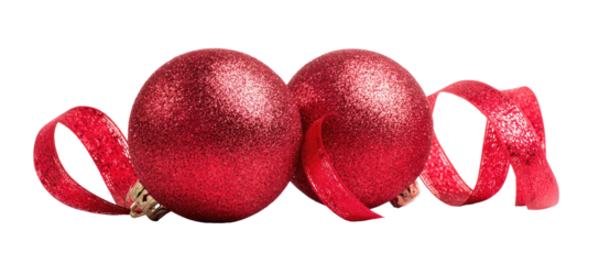 Two glossy red Christmas ornaments, with curled ribbon
