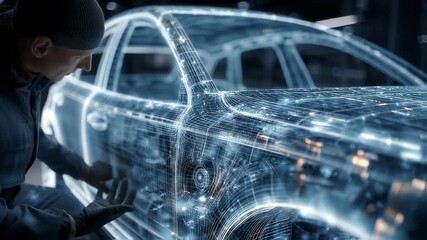 Automotive design engineer working on an electric car using augmented reality software, visualizing the internal structure and components of the vehicle in a modern research facility - Powered by Adobe