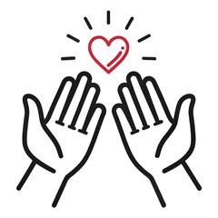Stylized hands reaching up towards a glowing heart, isolated on transparent background