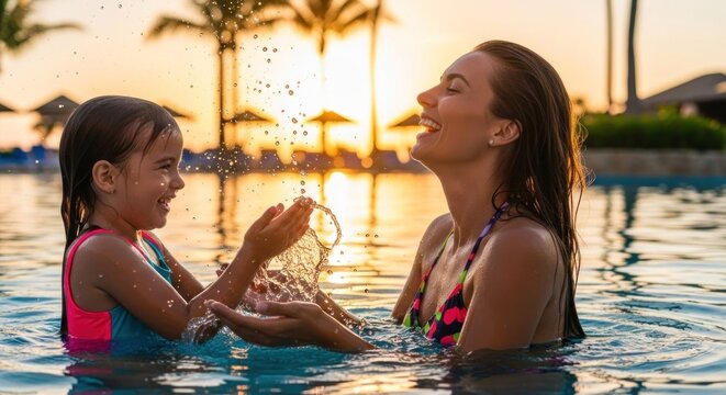 Mother and daughter splashing in a pool at sunset