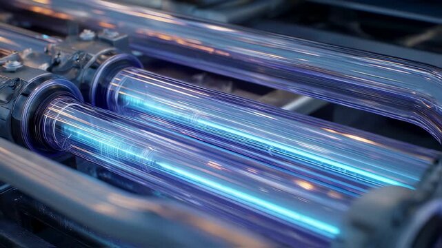 Ultraviolet germicidal irradiation system purifying water within transparent pipes, ensuring safe and clean liquid for various applications, highlighting innovation in water treatment technology