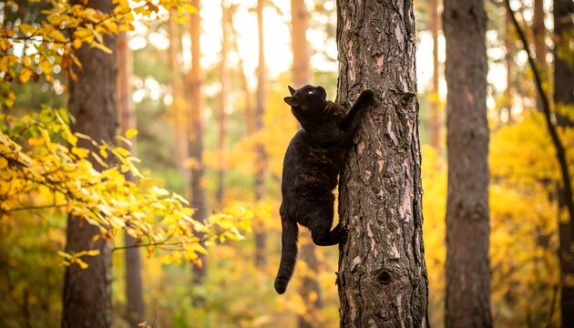 Black cat climbing tree in autumn forest (1) - Powered by Adobe