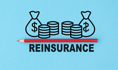 A red pencil is placed on the left side of a stack of coins and a red bag. The words Reinsurance...