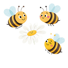 Photo of three cute cartoon bees flying around a daisy flower, representing nature, sweetness, and childhood joy, isolated on a transparent background