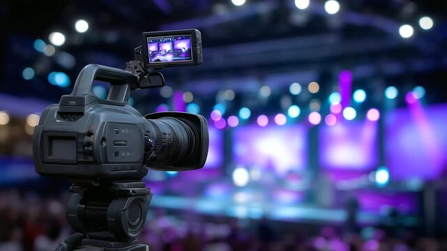 Professional video camera recording a live event on stage with colorful lights and blurred background, symbolizing modern broadcasting and media production live streaming, video AI
