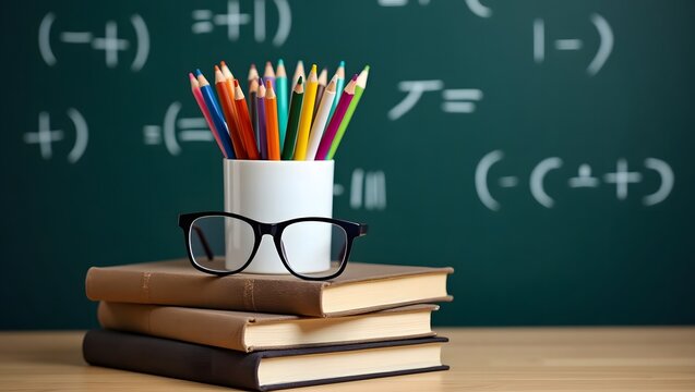 "Back to School Education Concept – Stack of Books with Glasses, Cup of Colored Pencils, and Math Equations on Chalkboard"