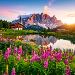 Fototapeta premium Alpine lake village at sunset