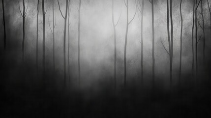 Obraz premium Bare trees in a dark misty forest creating a spooky or mysterious atmosphere.
