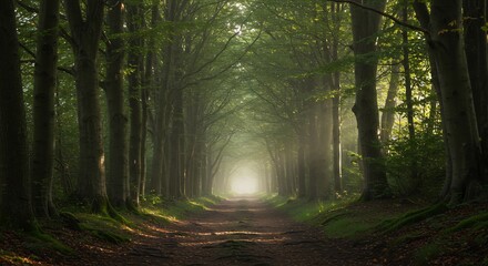 Obraz premium Sunlit Path Through a Misty Tunnel of Ancient Beech Trees