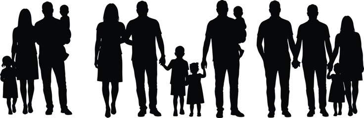 Silhouette of diverse families walking together, parenting, unity, love, bonding, children, relationships, minimalist vector art