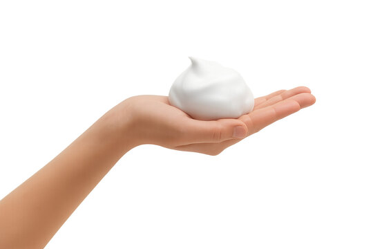 Human hand holding a white dollop of shaving foam, symbolizing grooming, hygiene, and personal care products