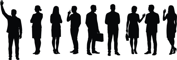 Silhouettes of confident business professionals gesturing, standing, collaborating, in office attire, isolated on white background, teamwork, communication, success, unity