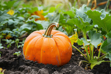 Obraz premium Harvested pumpkin resting on garden ground