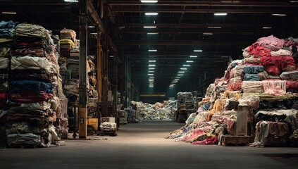 Massive Heap of Fashion Waste Including T-Shirts and Denim in Warehouse Emphasizing Sustainability Issues