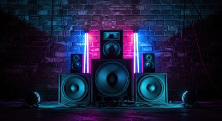 Neon-lit speakers on a brick wall