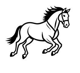Illustration of a galloping horse with a bridle and flowing mane in black and white outline design