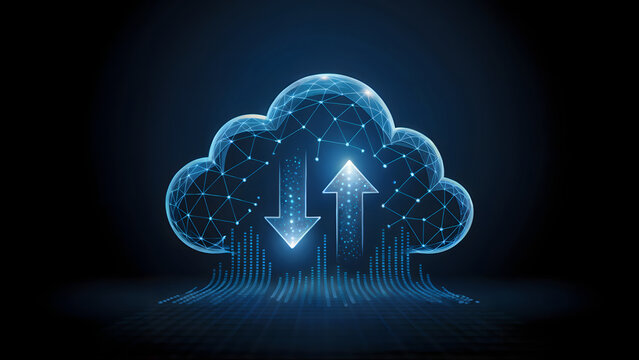 Digital cloud with upload and download arrows, interconnected nodes, and waveform lines&mdash;representing cloud computing, data transfer, online storage, and modern digital infrastructure.