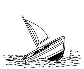 Illustration of a sailboat leaning heavily to one side in wavy water with bubbles near the hull line art