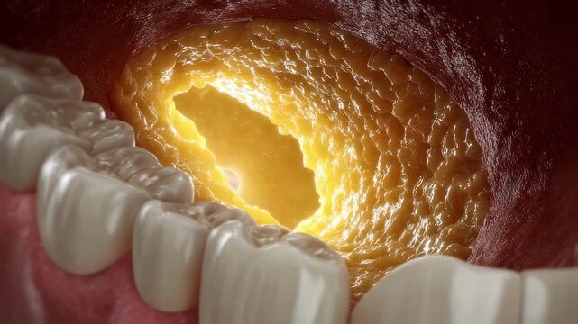 Intraoral close perspective of a recurrent canker sore exhibiting a bright yellowwhite halo and open mucosal surface.