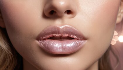 A beautiful woman's face in close-up, highlighting her lips with bright lipstick and elegant makeup.
