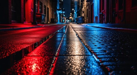 Night city street, vibrant colors reflected in wet pavement