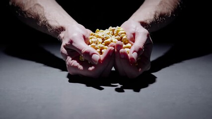 Calloused farmer hands gripping golden corn kernels, revealing agricultural heritage against deep shadowy backdrop, embodying harvest's timeless narrative