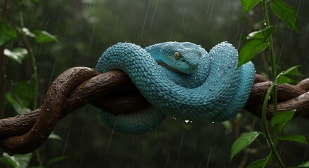 Vivid Blue Pit Viper Coiled on Vine Amidst Tropical Rainforest Downpour
