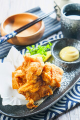 Karaage Fried Chicken with Mayonnaise served in dish side view of Japanese Appetizer