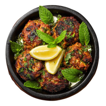 Extreme top view of an extremely perfect looking hara bhara kebab in a dark cast iron dish isolated [Transparent Background PNG]
