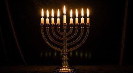 Fototapeta premium Nine-branched menorah, lit candles, dark background