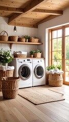 Rustic Laundry Room with View