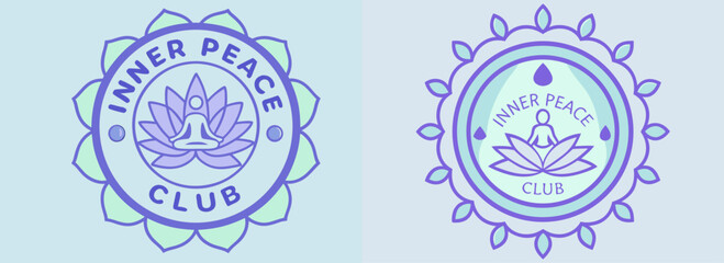 Inner Peace Club emblems with yoga lotus, calm colors and spiritual mandala style for mindfulness, wellness, and mental health focus